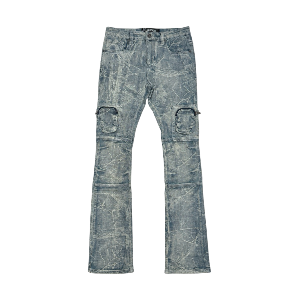 WASHED FRONT CARGO FLARED DENIM