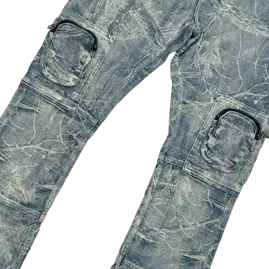 WASHED FRONT CARGO FLARED DENIM