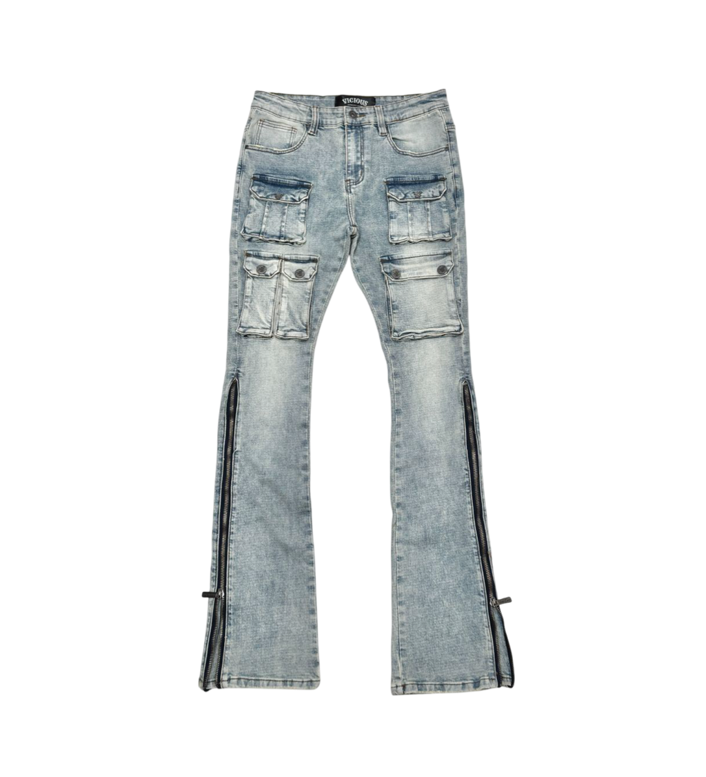 MULTI CARGO SIDE ZIPPER FLARE DENIM