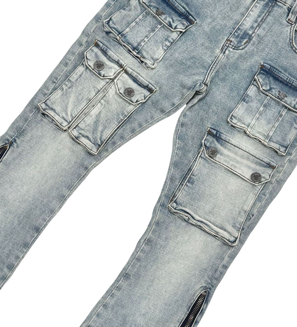 MULTI CARGO SIDE ZIPPER FLARE DENIM