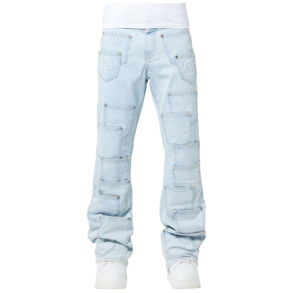 Aqua Blue Pockets Flared Denim