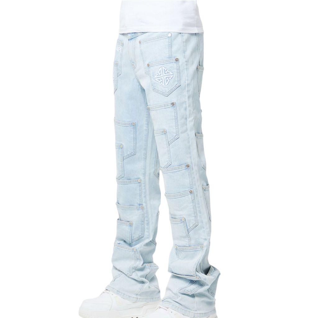 Aqua Blue Pockets Flared Denim