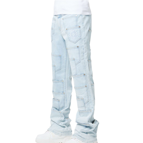 Aqua Blue Pockets Flared Denim