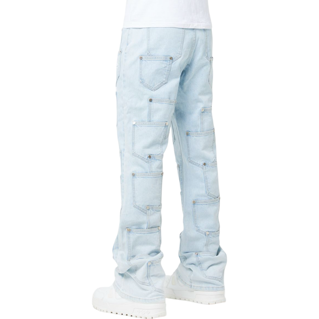 Aqua Blue Pockets Flared Denim
