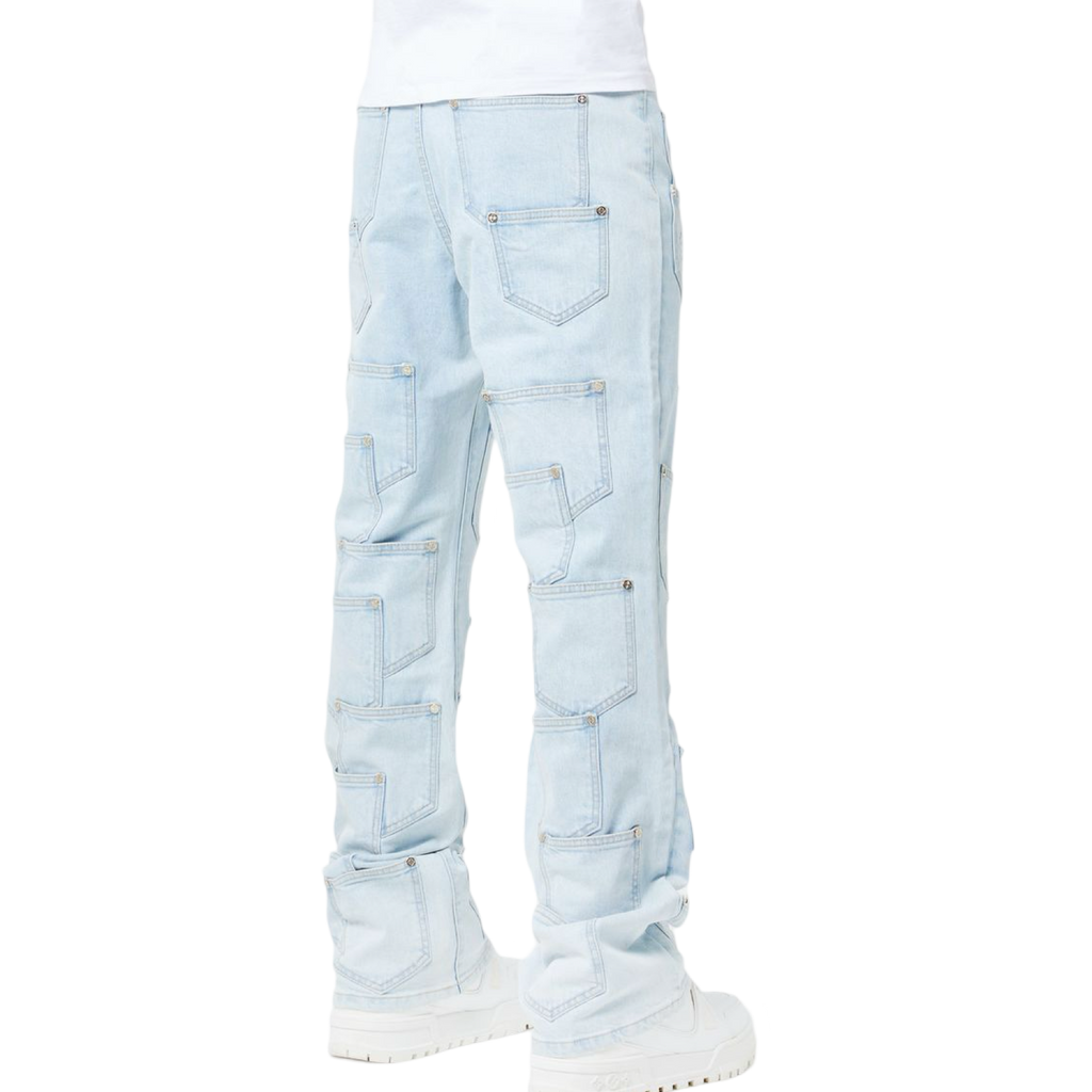 Aqua Blue Pockets Flared Denim