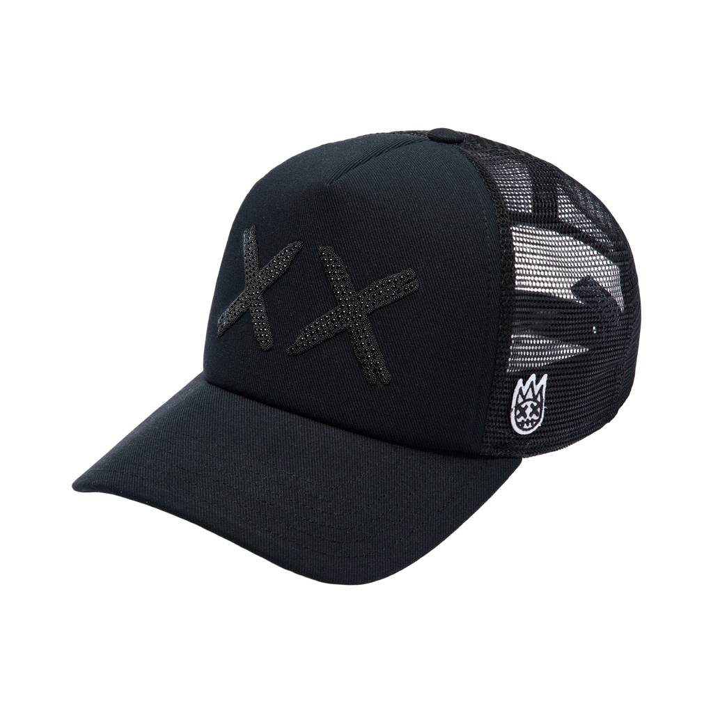 Cult's Black Crystals Mesh Trucker Hat "XX" Logo In