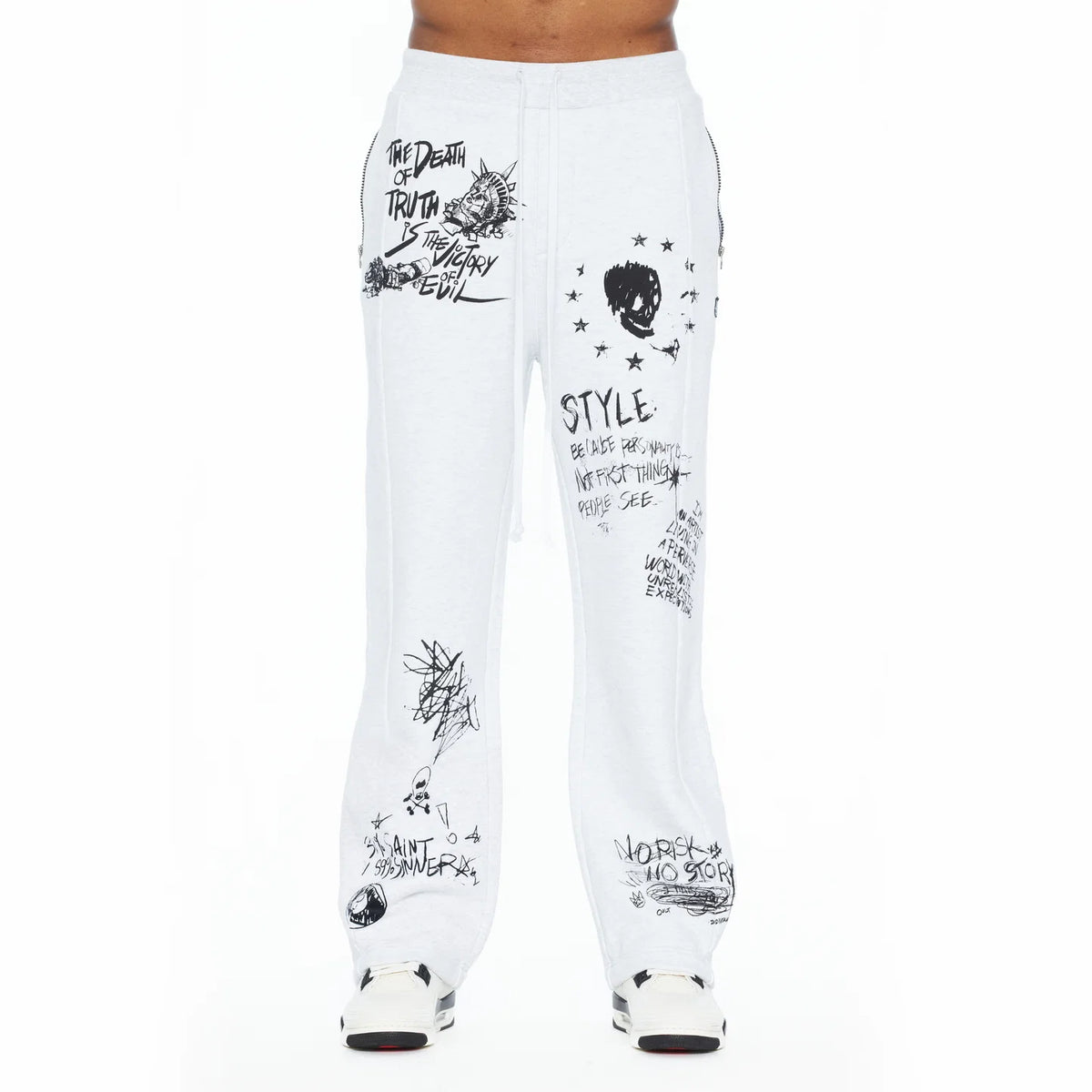 Heather Grey graphic sweatpants modeled