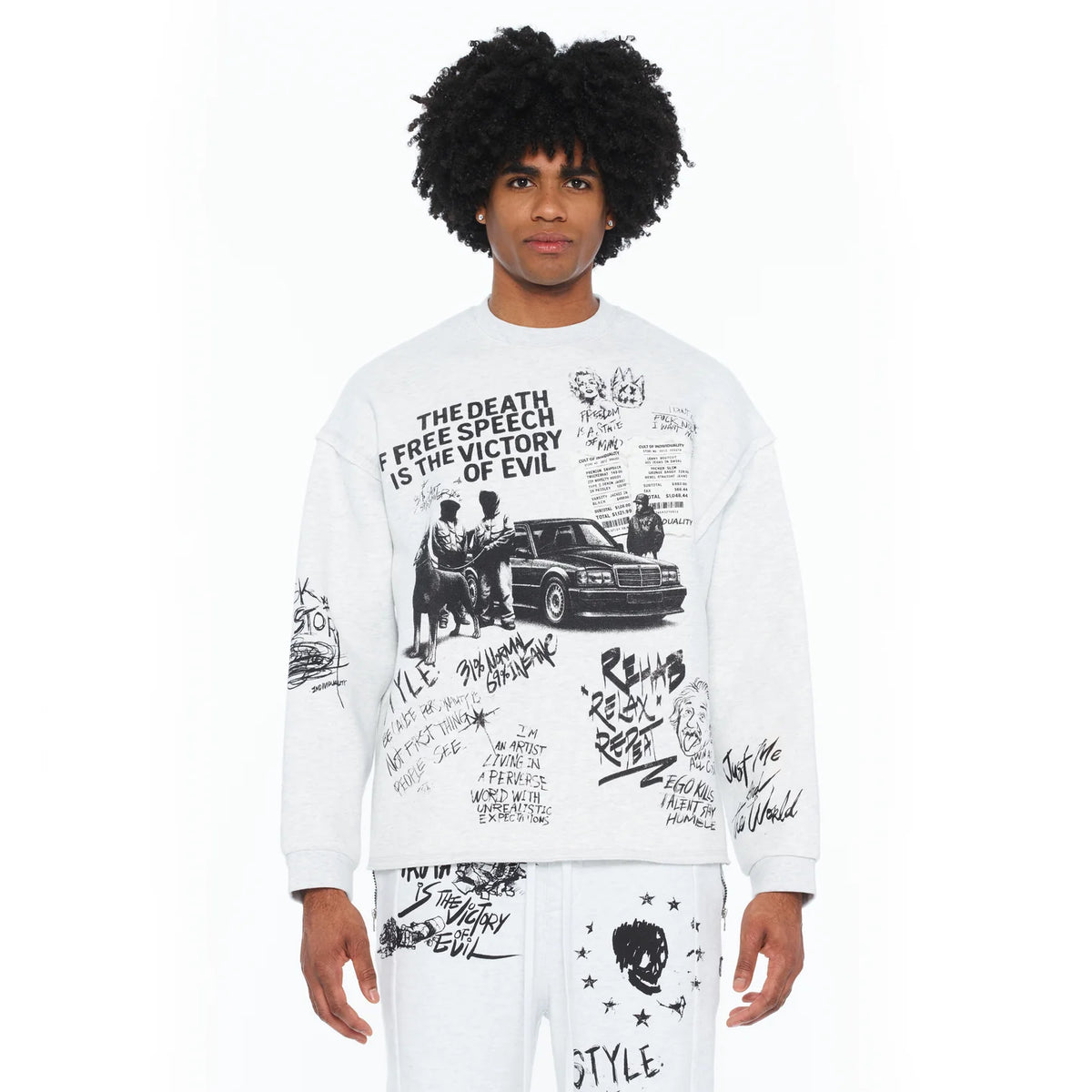 Heather Grey graphic crew sweatshirt modeled