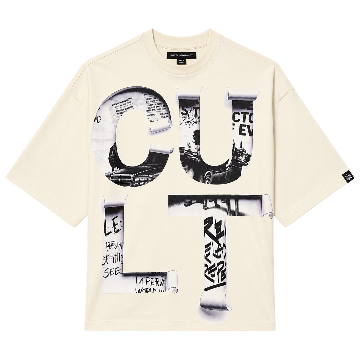 Cult of Individuality Cult Newspaper oversized tee in Winter White, front view