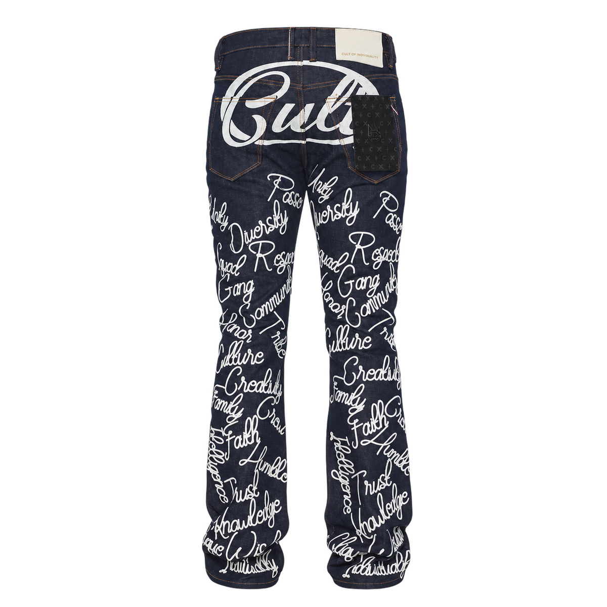 Cult of Individuality Lenny Bootcut 603 jeans in RAW with white script, back view