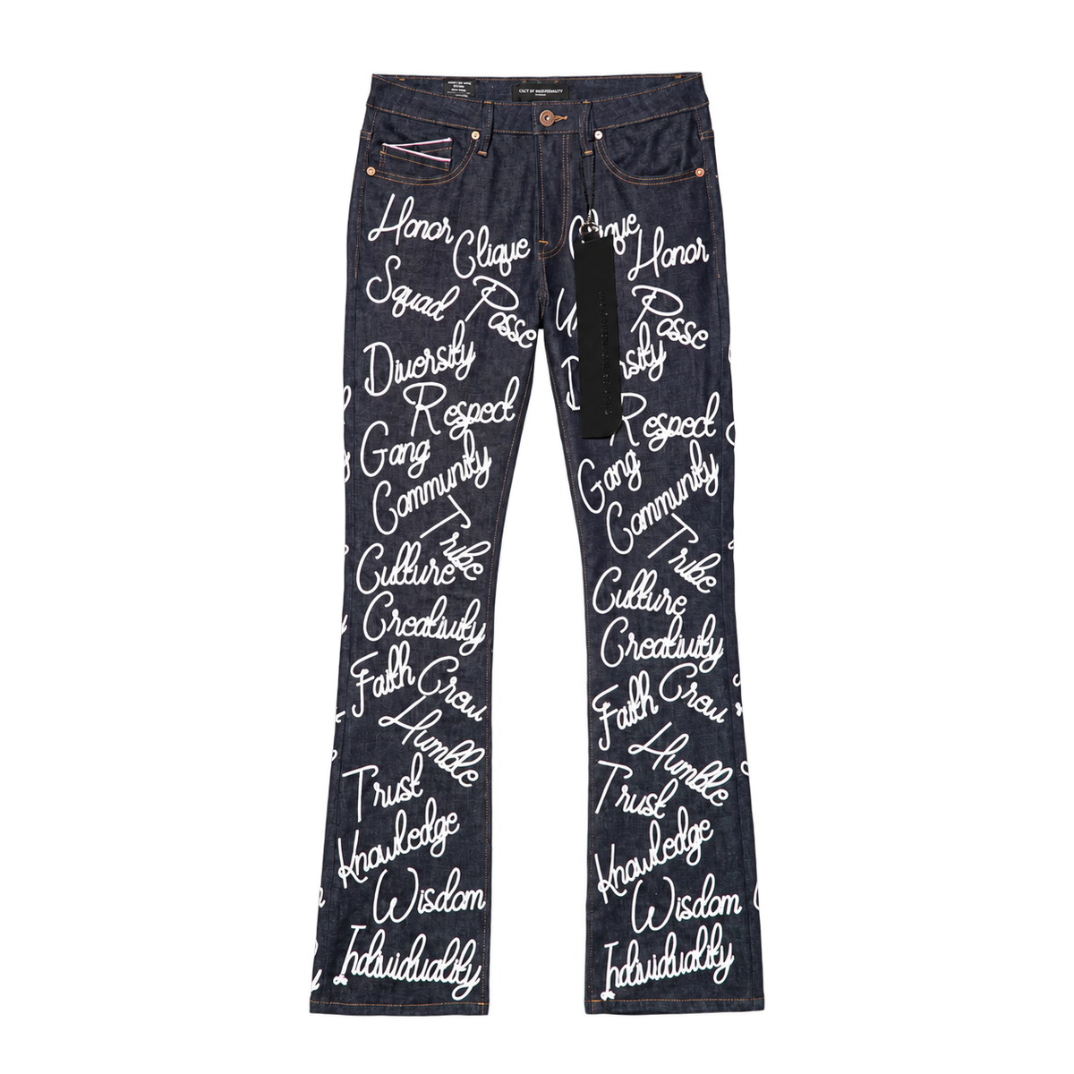 Cult of Individuality Lenny Bootcut 603 jeans in RAW with white script, front view