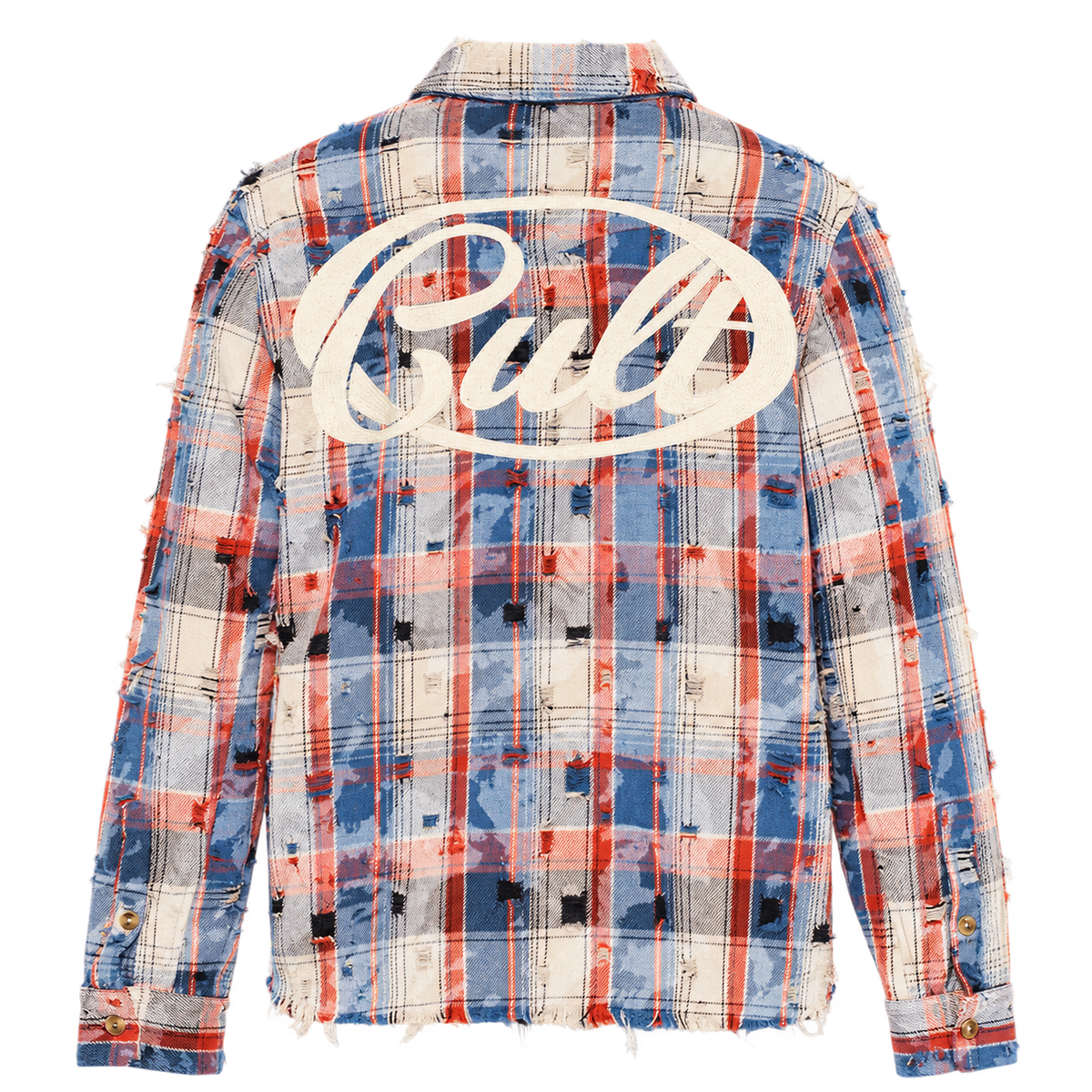 Cult of Individuality Vintage Embroidered Plaid Woven Shirt in Harvest Plaid, back view