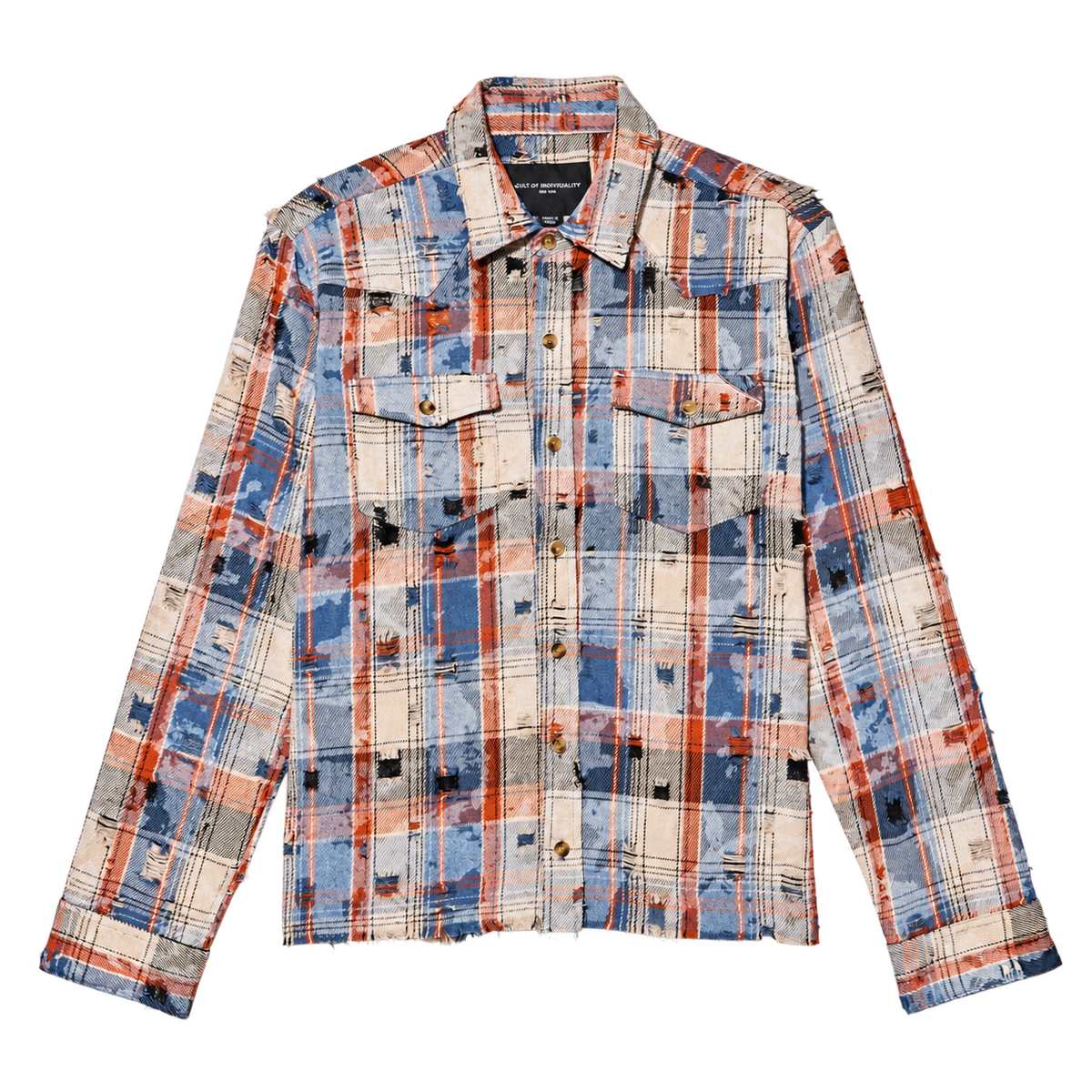 Cult of Individuality Vintage Embroidered Plaid Woven Shirt in Harvest Plaid, front view