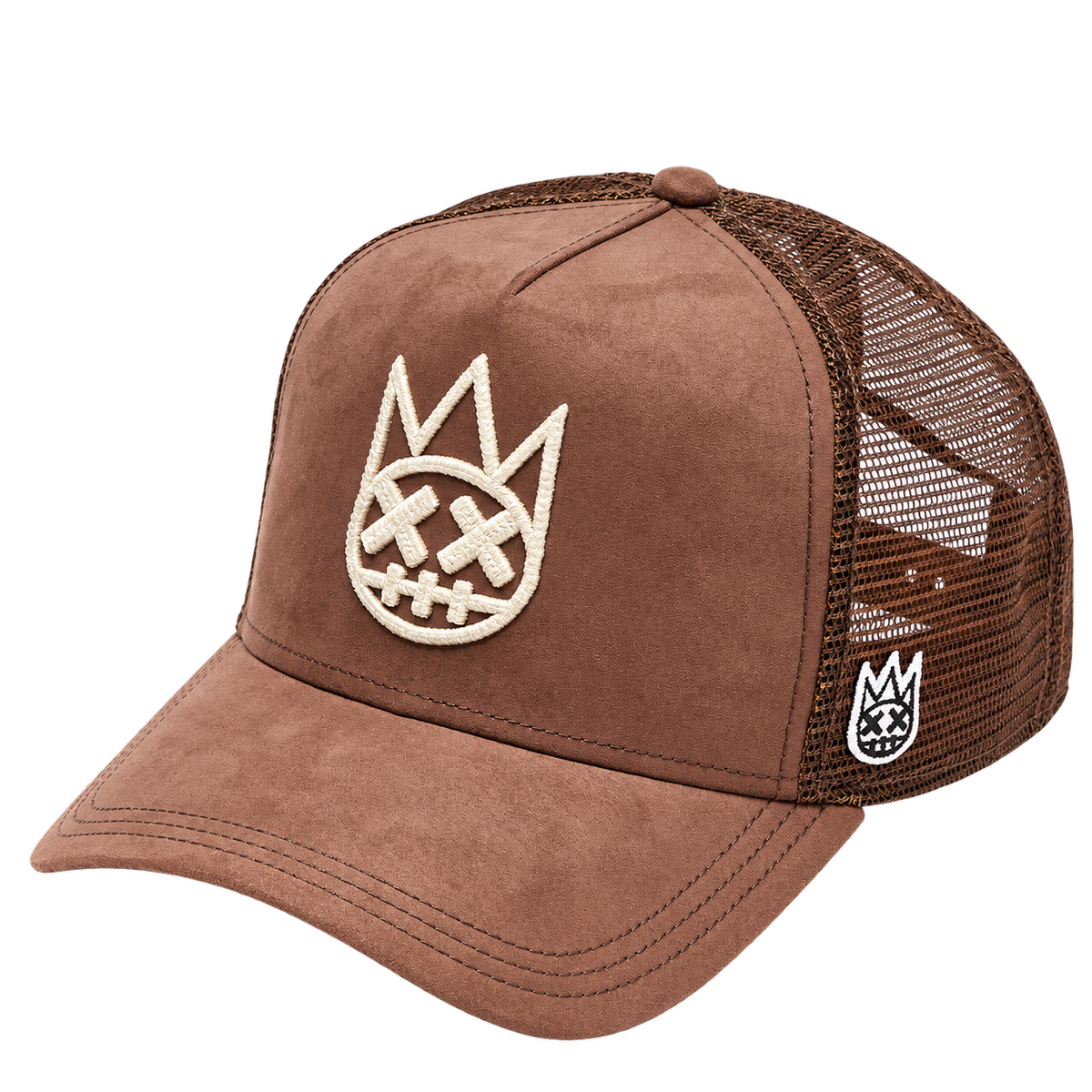 Cult of Individuality Pinecone brown mesh back trucker hat angled view, style 626BC-CH44A