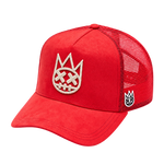 Cult of Individuality Racing Red trucker hat angled view, style 626BC-CH38A