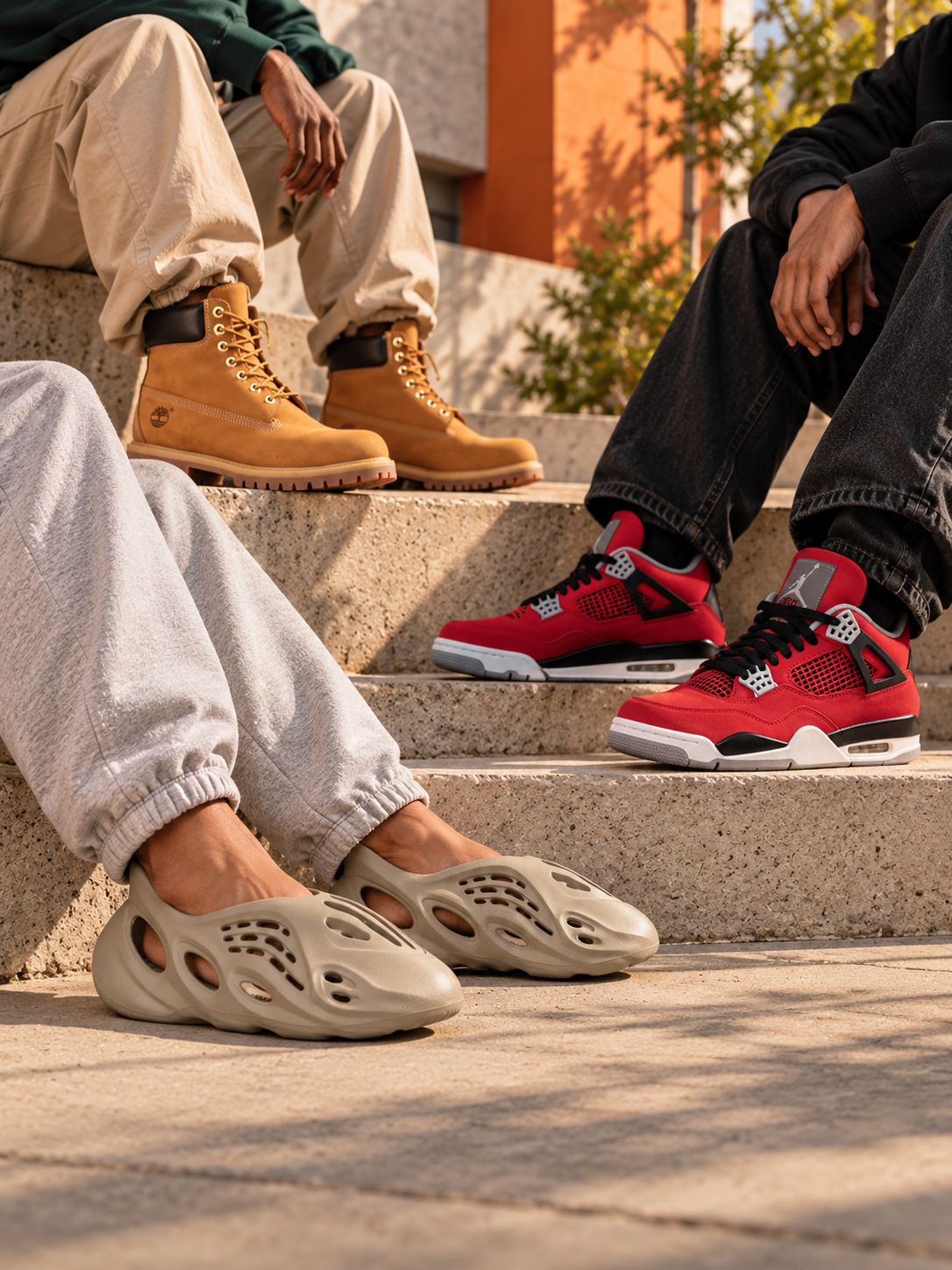 On-foot styling with wheat Timberland boots, red Jordan 4 sneakers and taupe Yeezy Foam Runners