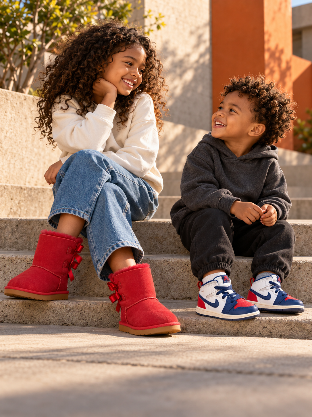 Children wearing Moda X's red UGG boots and red, white and navy Jordan toddler sneakers