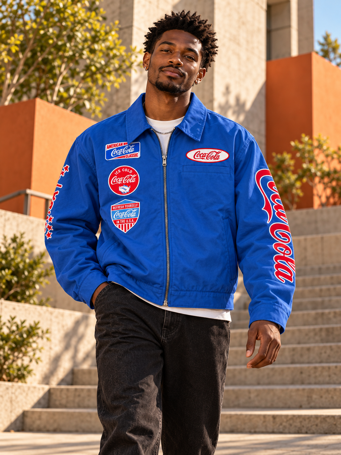Model wearing Moda X's blue PREME Coca-Cola jacket outdoors