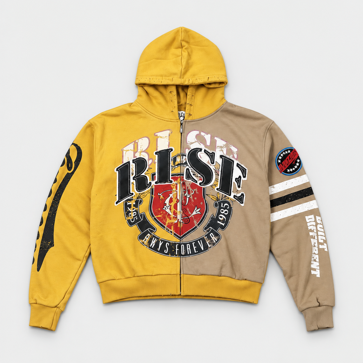 Rise mustard and tan colorblock zip-up hoodie, front view