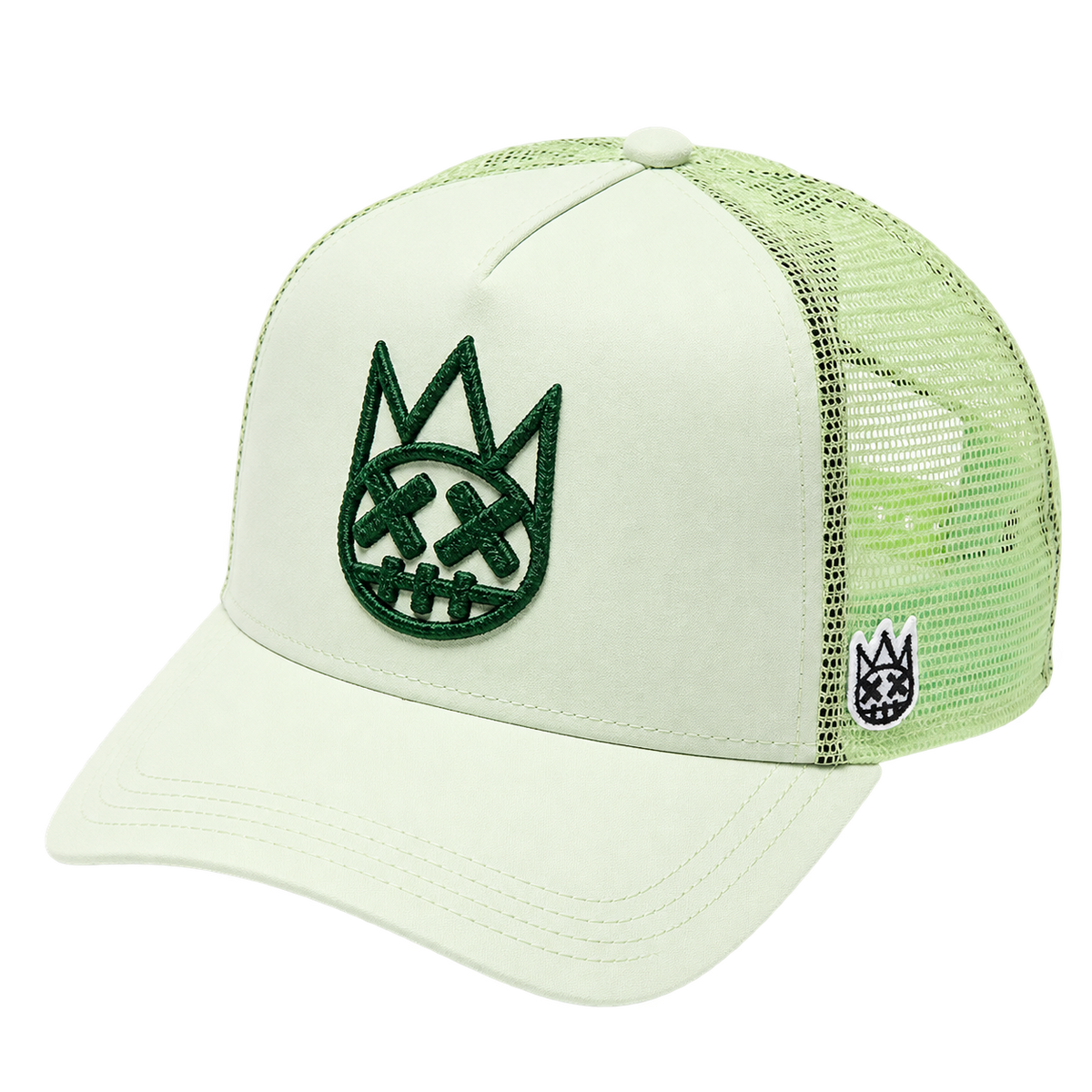 Cult of Individuality seafoam logo mesh back trucker hat angled view