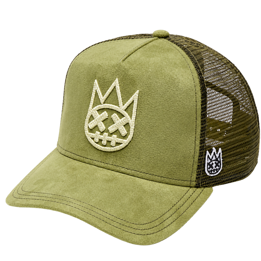 Cult of Individuality sphagnum logo mesh back trucker hat angled view