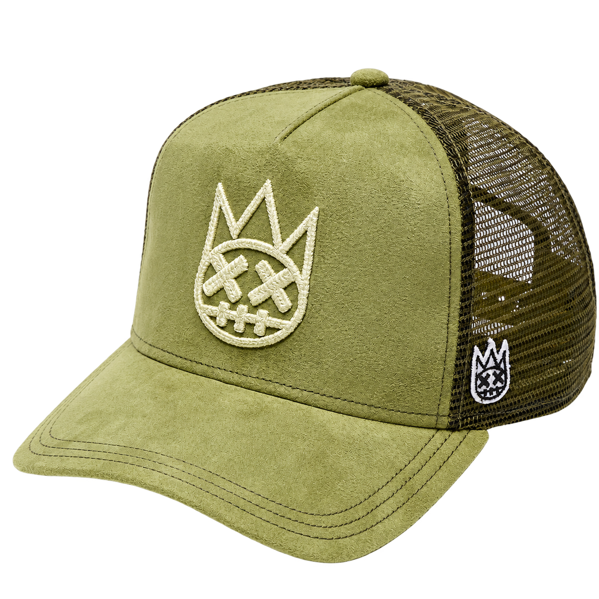 Cult of Individuality sphagnum logo mesh back trucker hat angled view