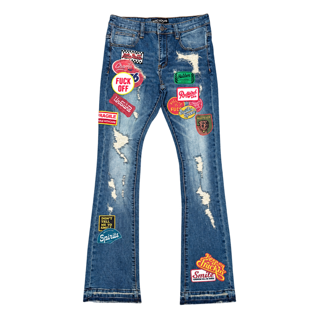 Vicious Denim VC1022 patchwork bootcut jeans Indigo Front view